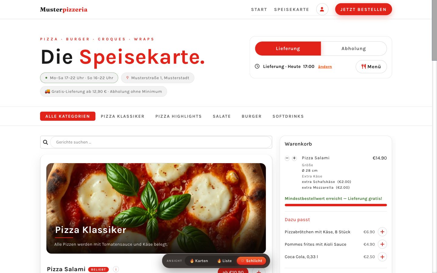 Warenkorb der Bestelltheke mit Mindestbestellwert je Lieferzone